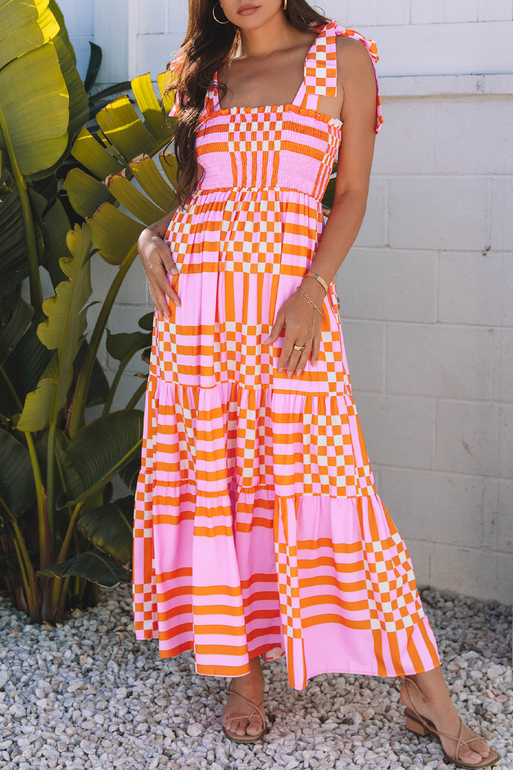 Pink Boho Gingham Tied Straps Smocked Maxi Dress