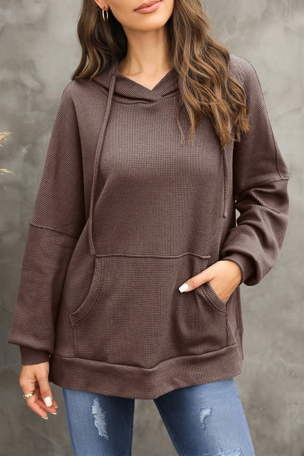 Gray Waffle Knit High Low Oversized Hoodie