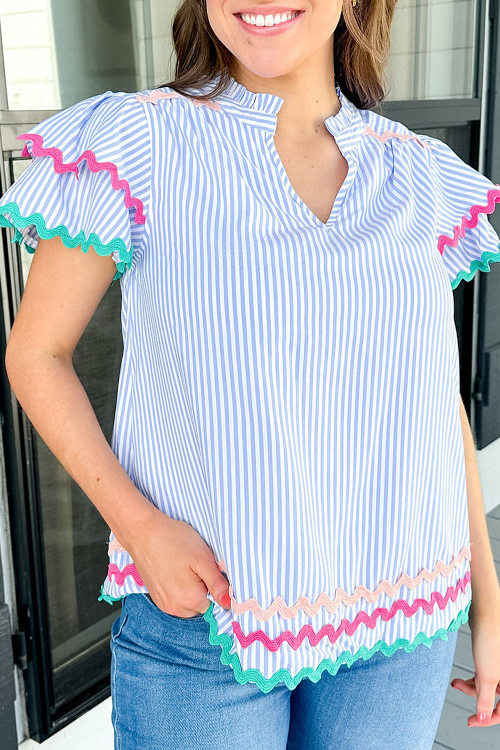 Pink Striped Ricrac Splicing Frill V-Neck Blouse