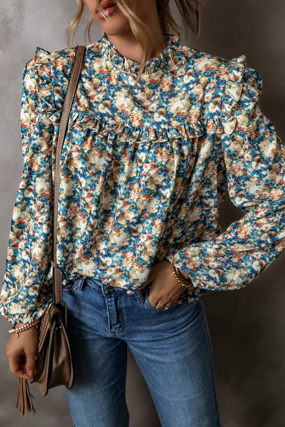 Sky Blue Floral Print Frill Neck Puff Sleeve Blouse