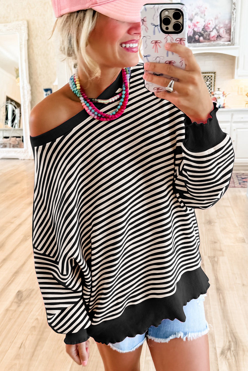 Brown Stripe Drop Shoulder Long Sleeve Top