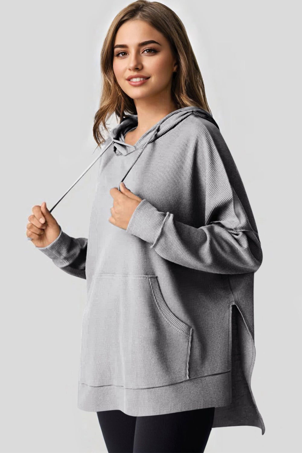 Gray Waffle Knit High Low Oversized Hoodie