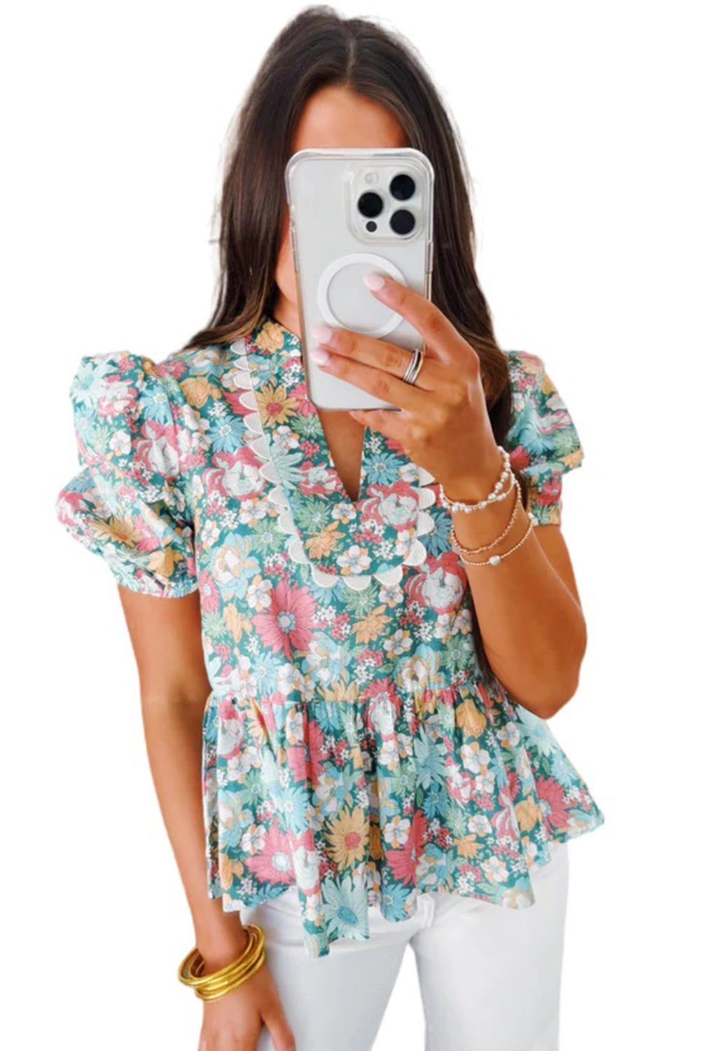 Multicolour Floral Print Short Puff Sleeve V Neck Boho Peplum Blouse