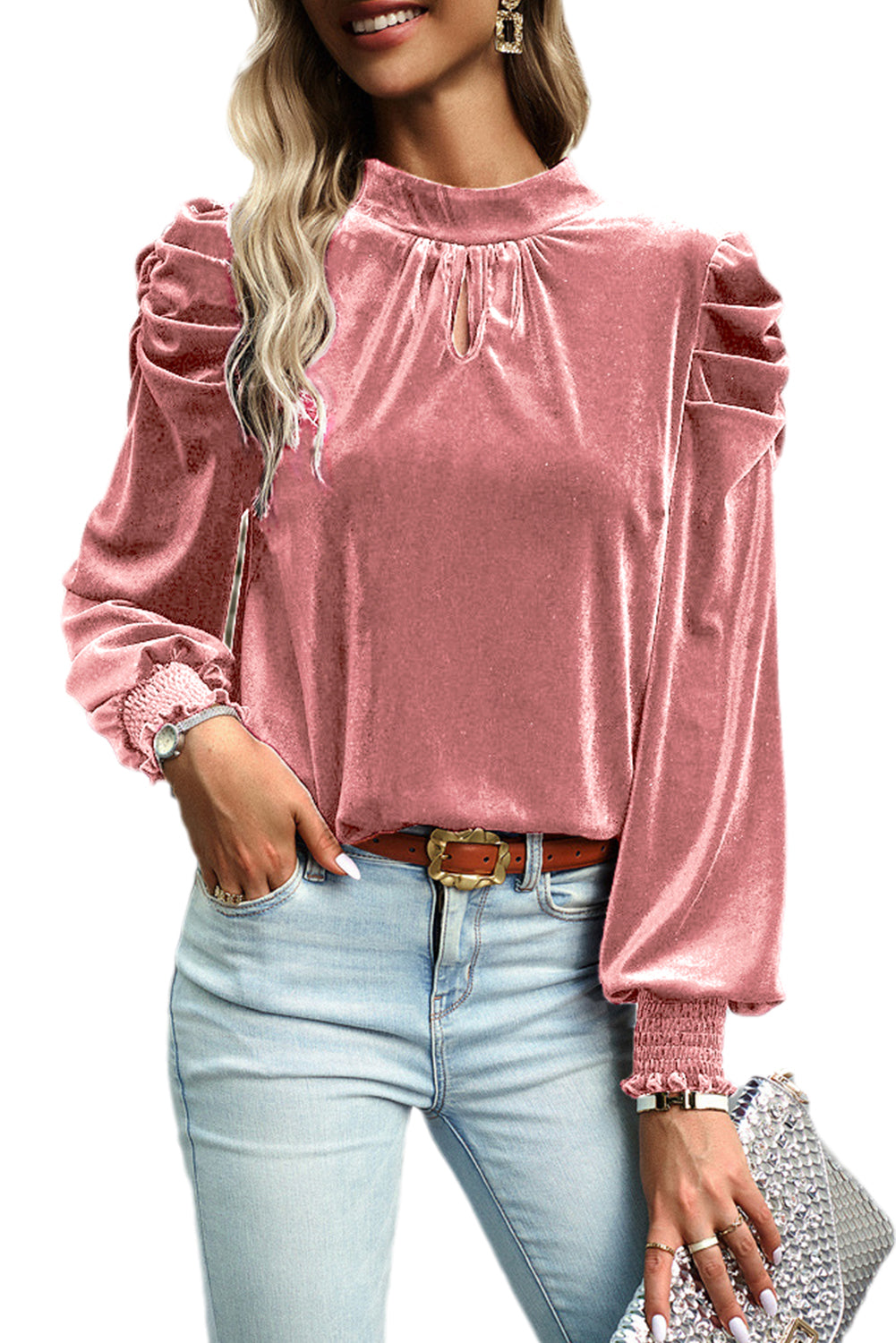 Peach Blossom Mock Keyhole Neck Puff Sleeve Velvet Blouse