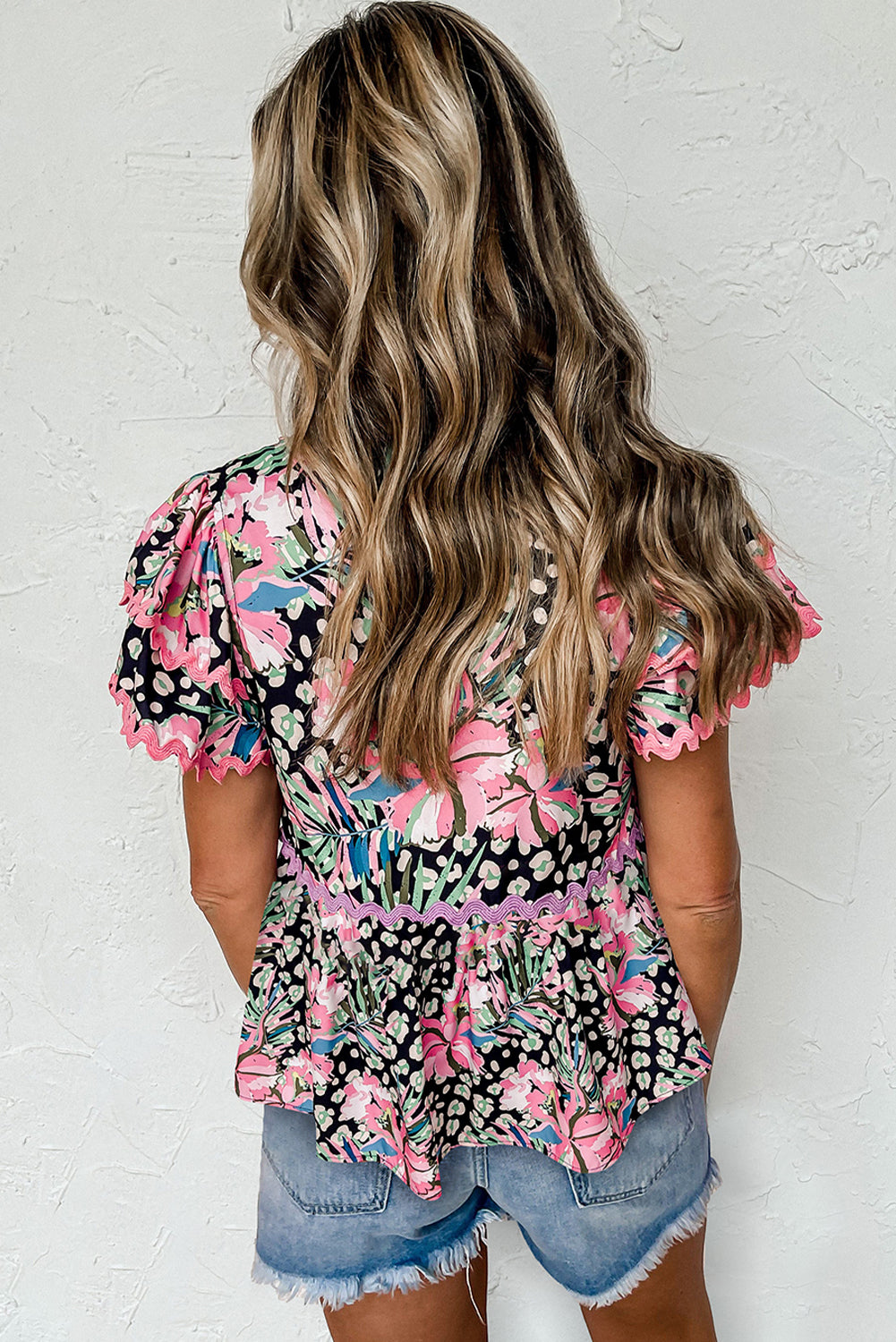 Pink Boho Floral Print Splicing Short Sleeve Blouse