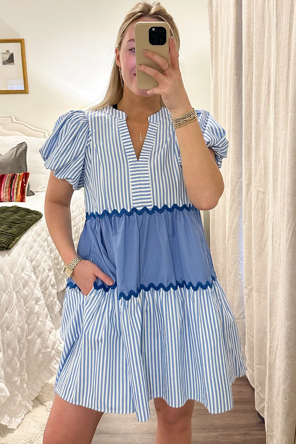 Sky Blue Striped Patchwork Puff Sleeve Pocketed Mini Dress