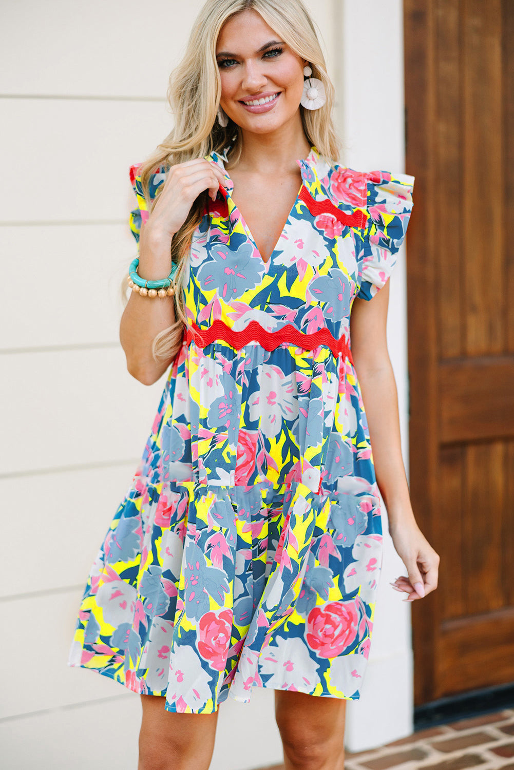 Pink Floral Printed V Notched Ric Rac Flutter Short Dress