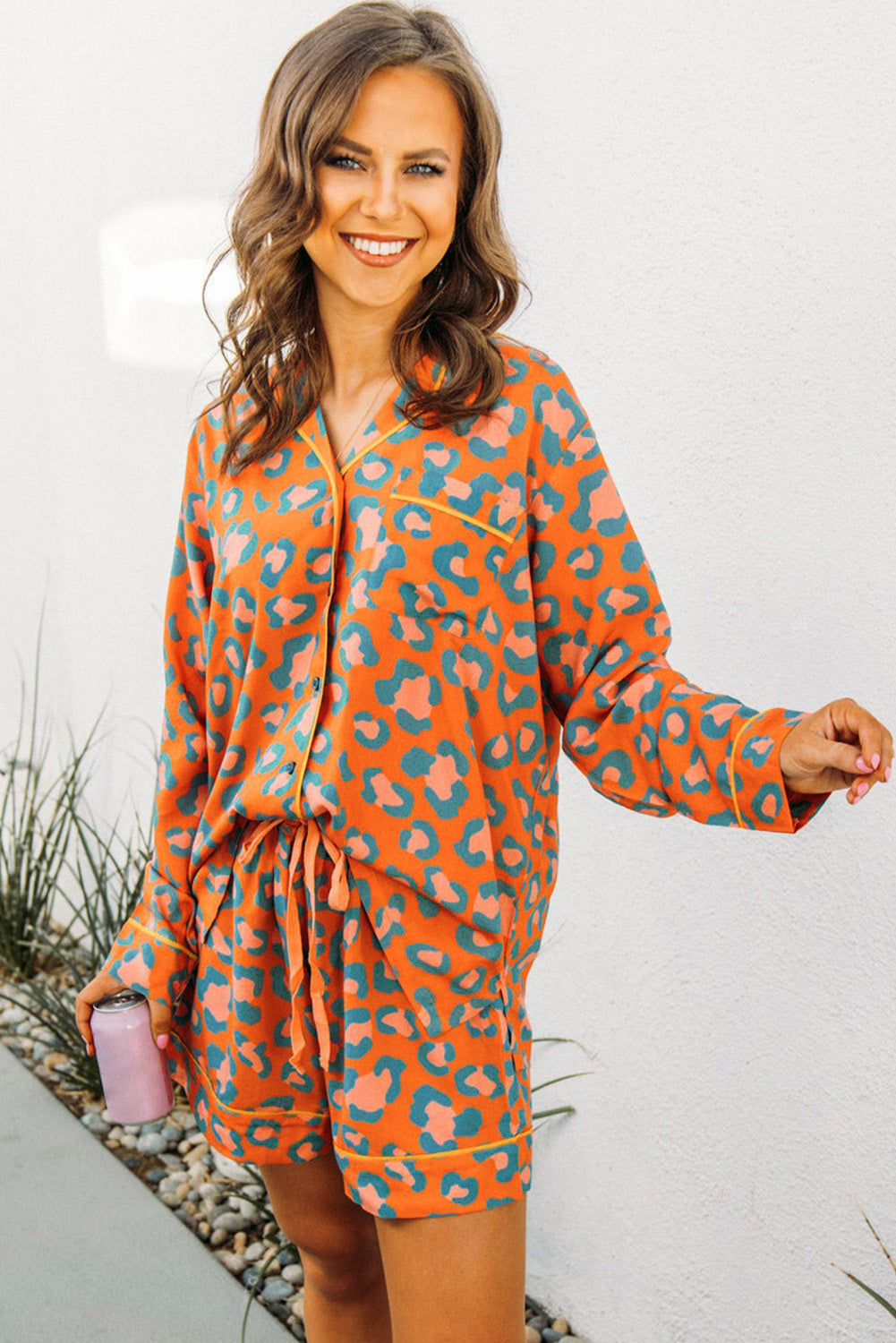 Pink Leopard Print Long Sleeve Shirt and Shorts Pajama Set