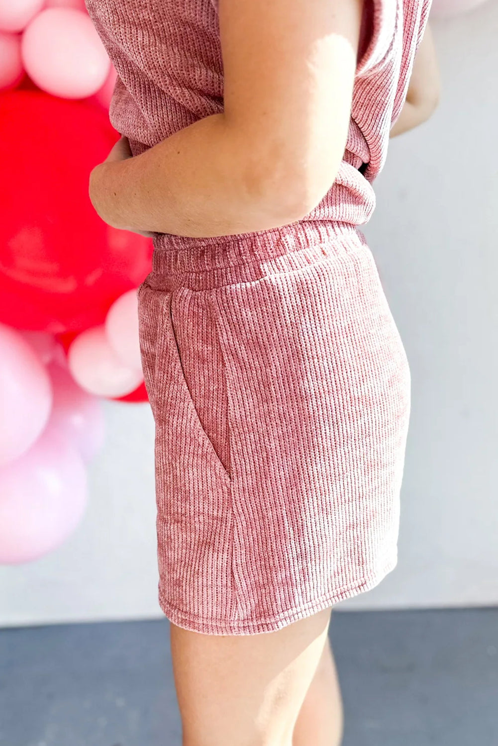 Rose Pink Acid Washed Cap Sleeve Tee and High Waist Shorts Set