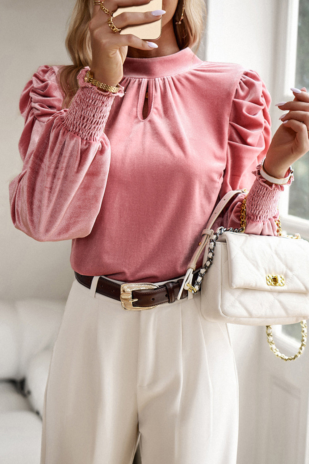 Peach Blossom Mock Keyhole Neck Puff Sleeve Velvet Blouse