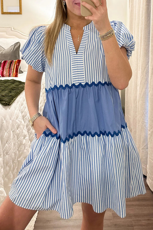 Sky Blue Striped Patchwork Puff Sleeve Pocketed Mini Dress