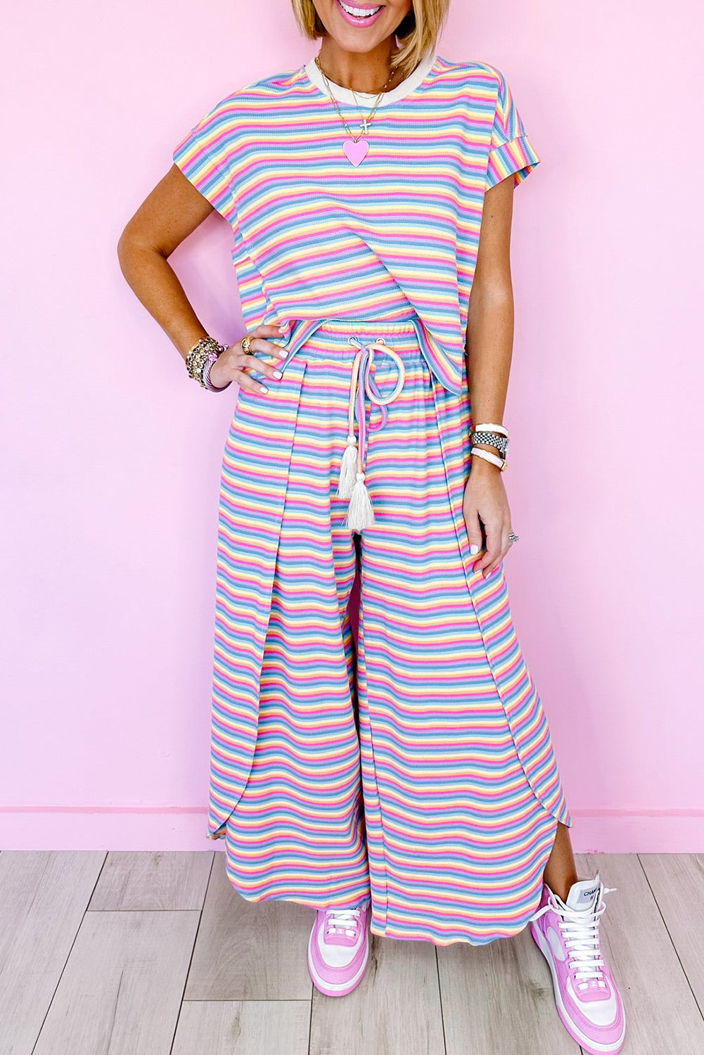 Yellow Stripe Rainbow Tee and Tassel Drawstring Wide Leg Pants Set