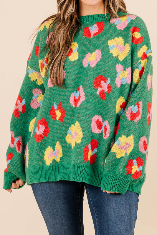 Green Plus Size Floral Knitted Drop Shoulder Sweater