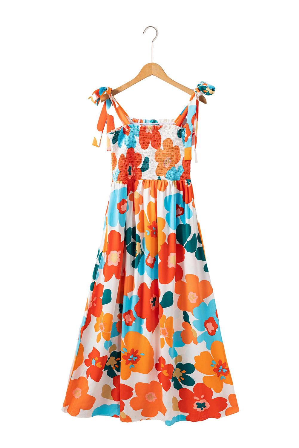 Orange 60s Floral Printed Shoulder Tie Smocked Maxi Dress