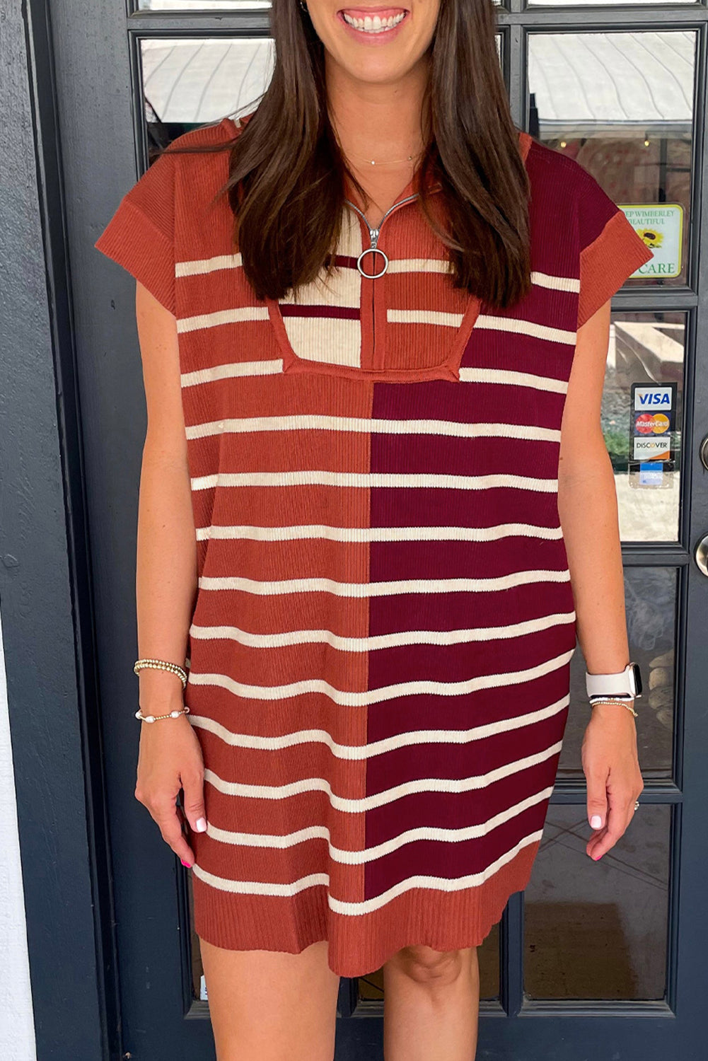 Black Stripe Color Block Short Sleeve Quarter Zip Mini Dress