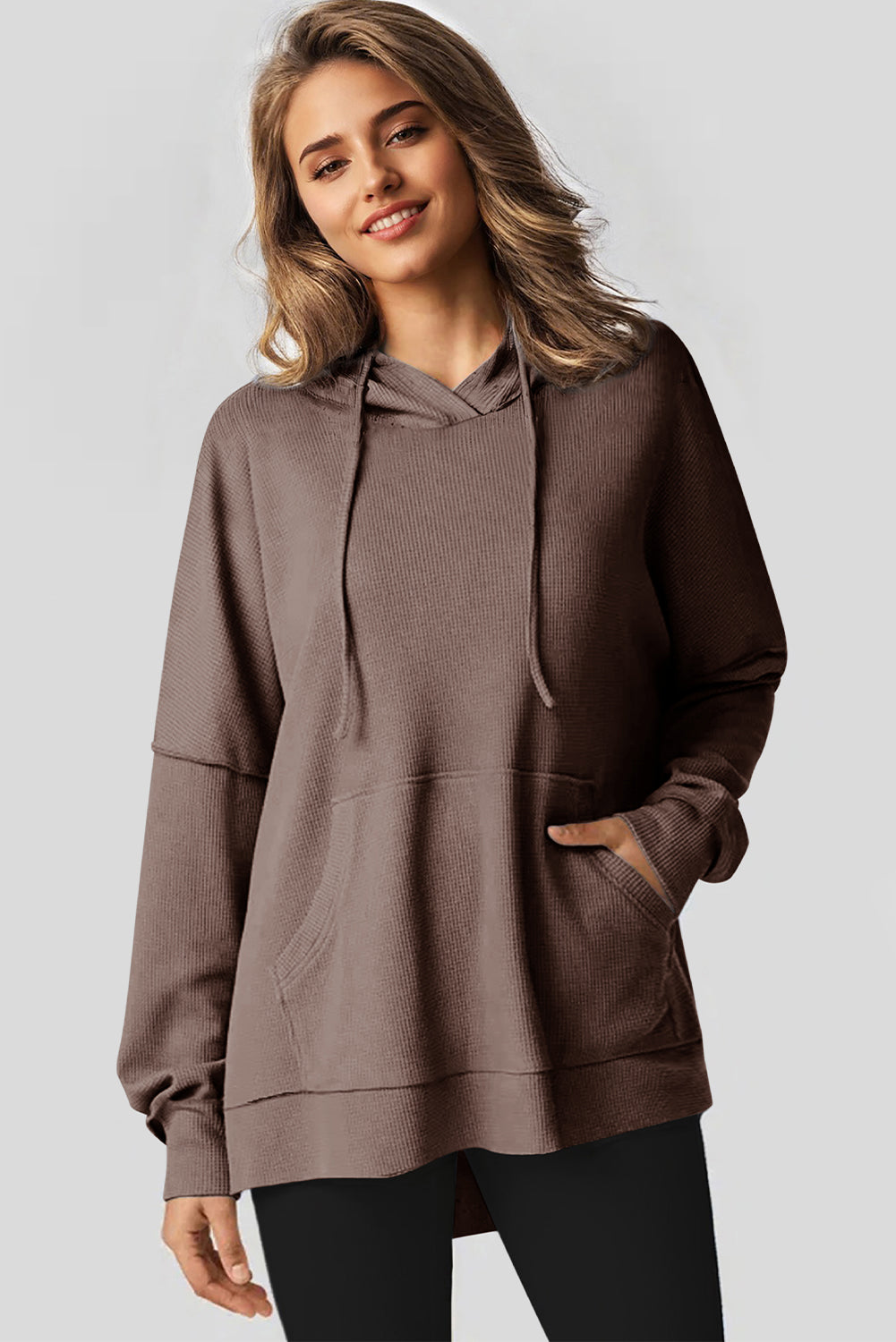 Gray Waffle Knit High Low Oversized Hoodie