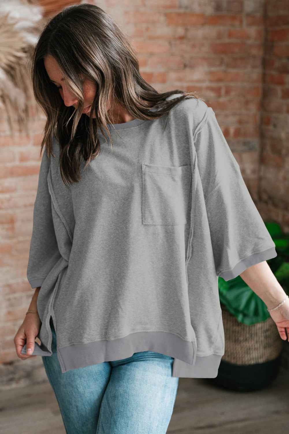 Light Grey Exposed Seam Pocket Side Split Loose T Shirt