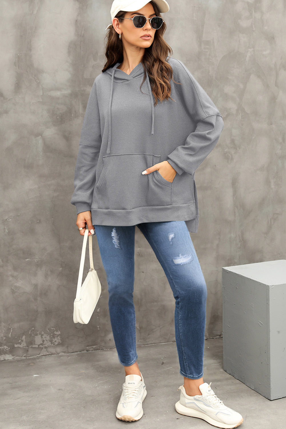 Gray Waffle Knit High Low Oversized Hoodie