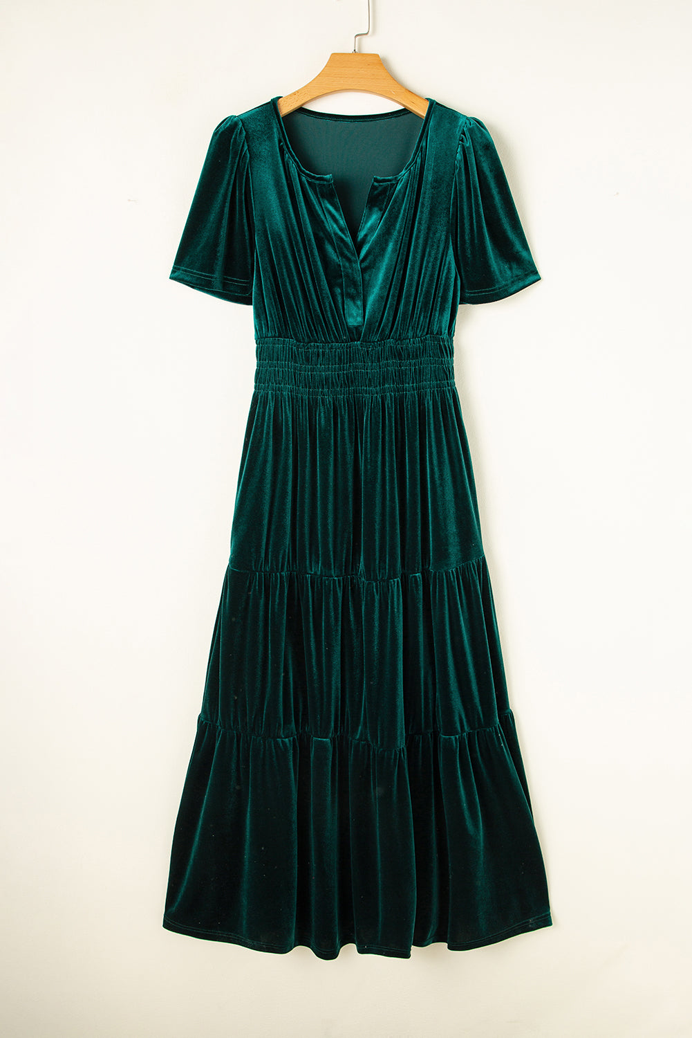 Red Dahlia Velvet Short Sleeve Shirred Waist Tiered Maxi Dress