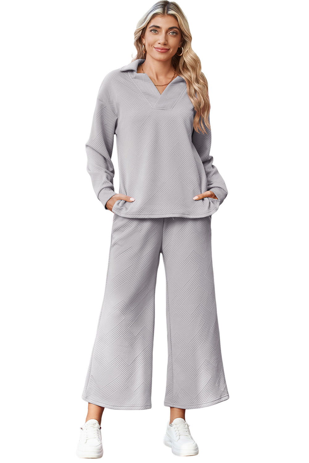 Textured Collared V Neck Top and Wide Leg Pants Set