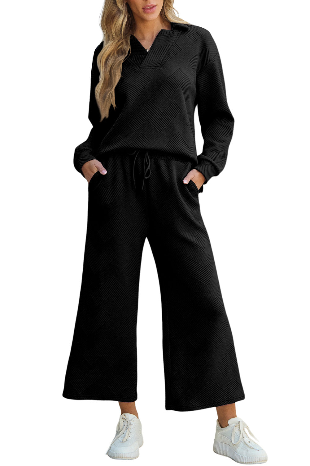 Textured Collared V Neck Top and Wide Leg Pants Set