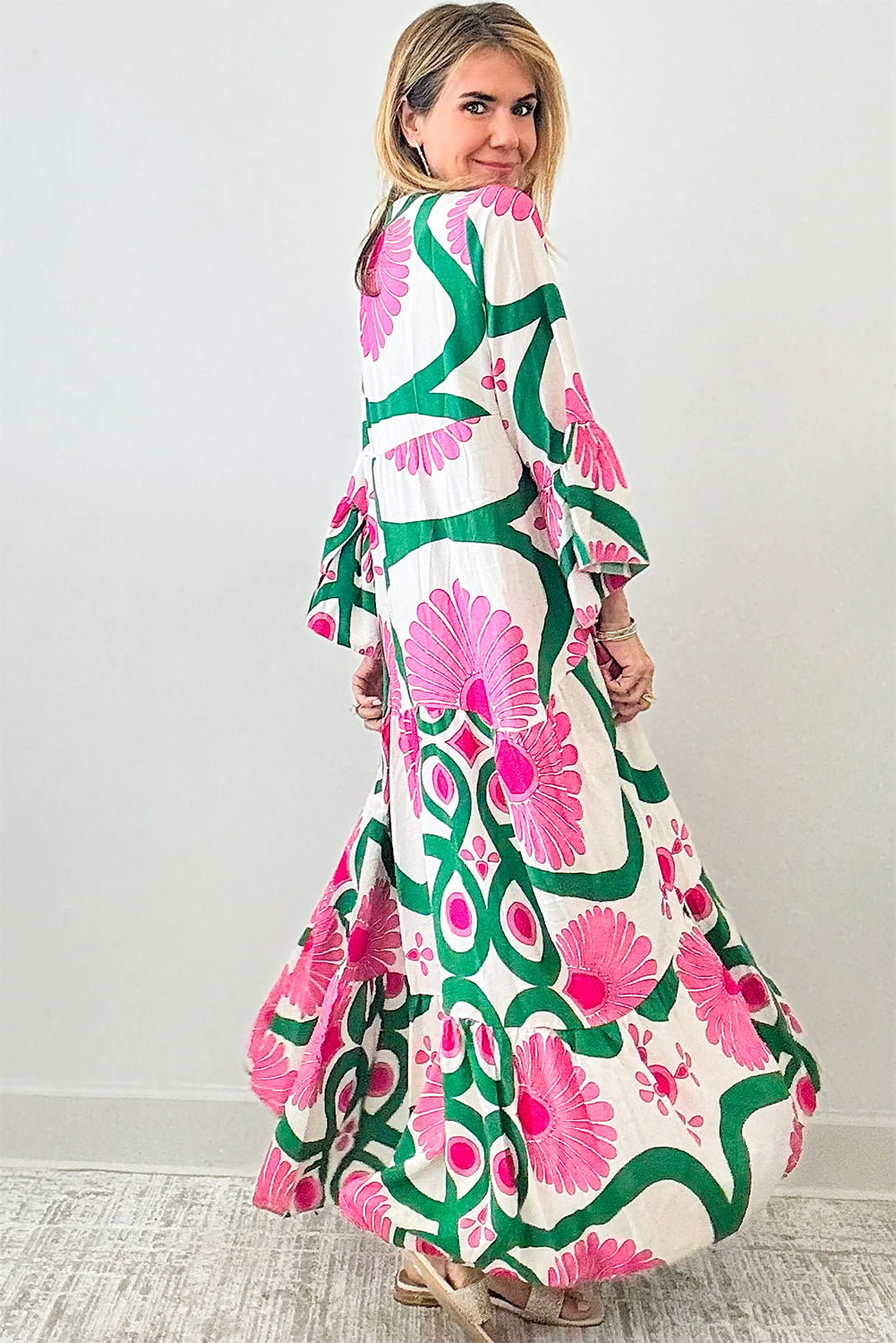 Pink Boho Abstract Button V Neck Oversized Maxi Dress