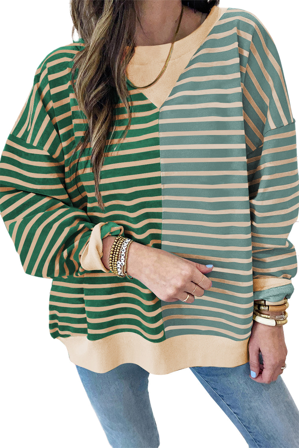 Sky Blue Stripe Colorblock Drop Shoulder Oversize Sweatshirt