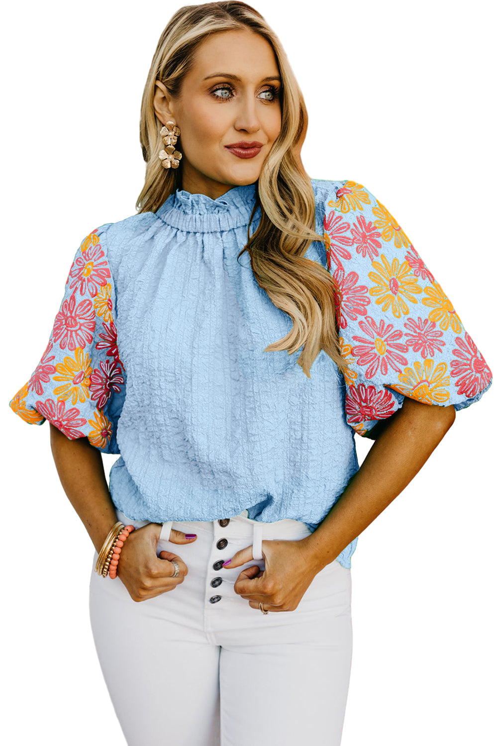 Myosotis Floral Print Puff Sleeve Button Back Frill Neck Blouse