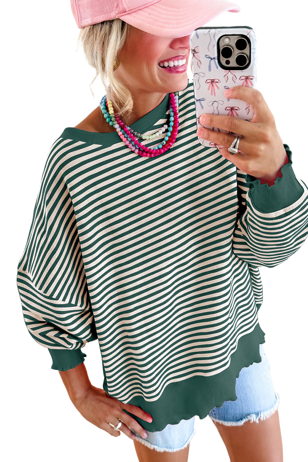 Brown Stripe Drop Shoulder Long Sleeve Top