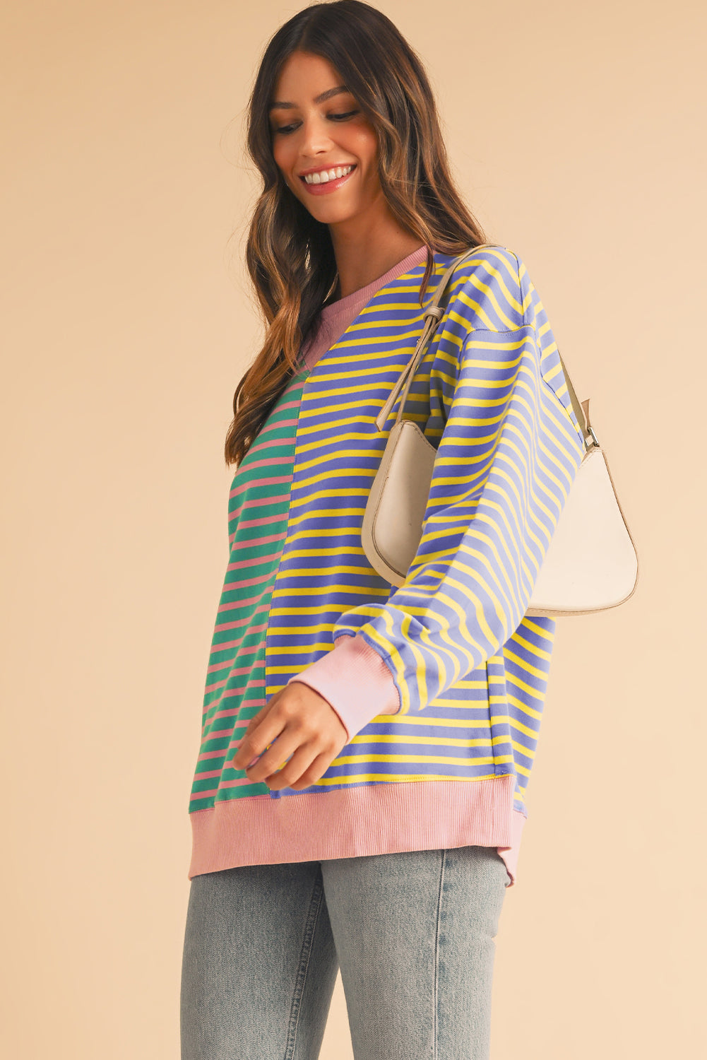 Sky Blue Stripe Colorblock Drop Shoulder Oversize Sweatshirt