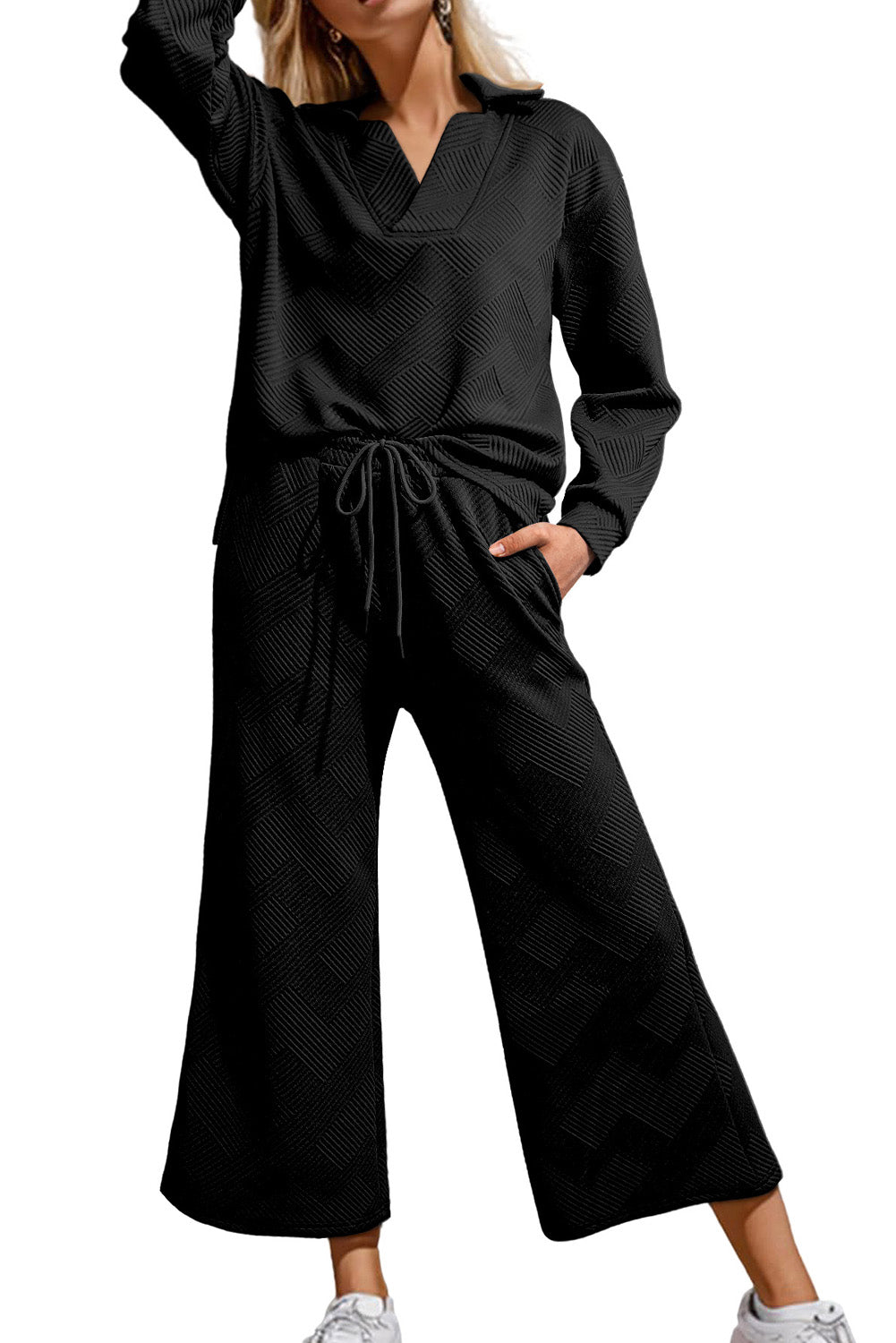 Textured Collared V Neck Top and Wide Leg Pants Set