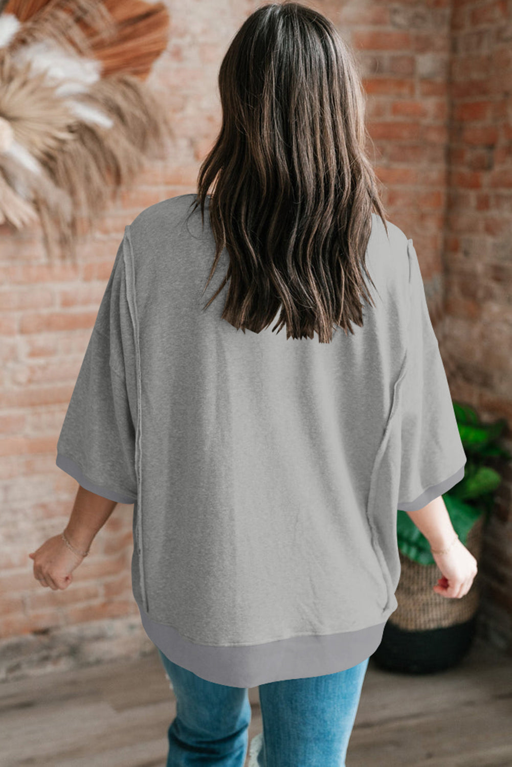 Light Grey Exposed Seam Pocket Side Split Loose T Shirt