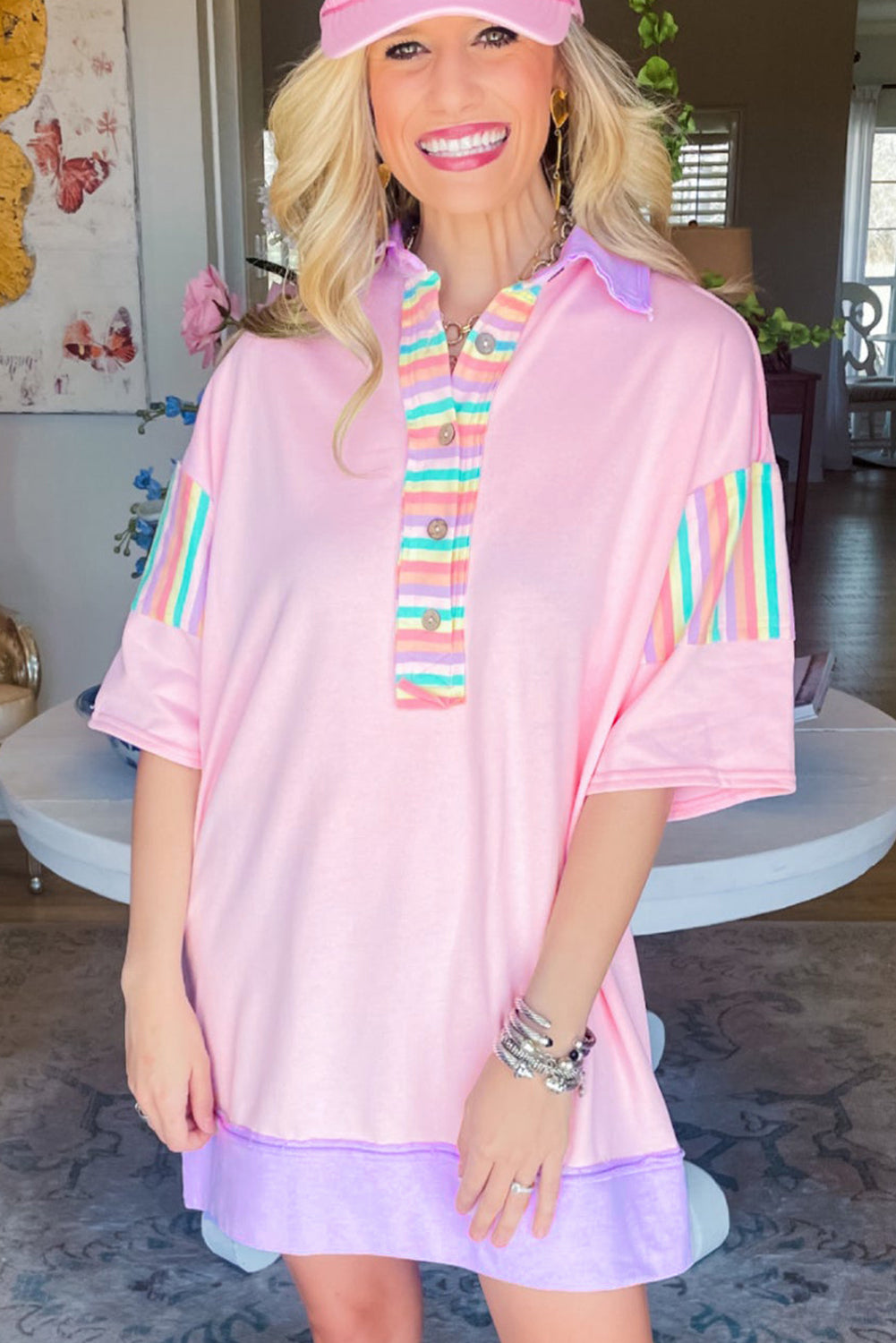 Pink Rainbow Stripe Henley Collar Patchwork Mini Dress