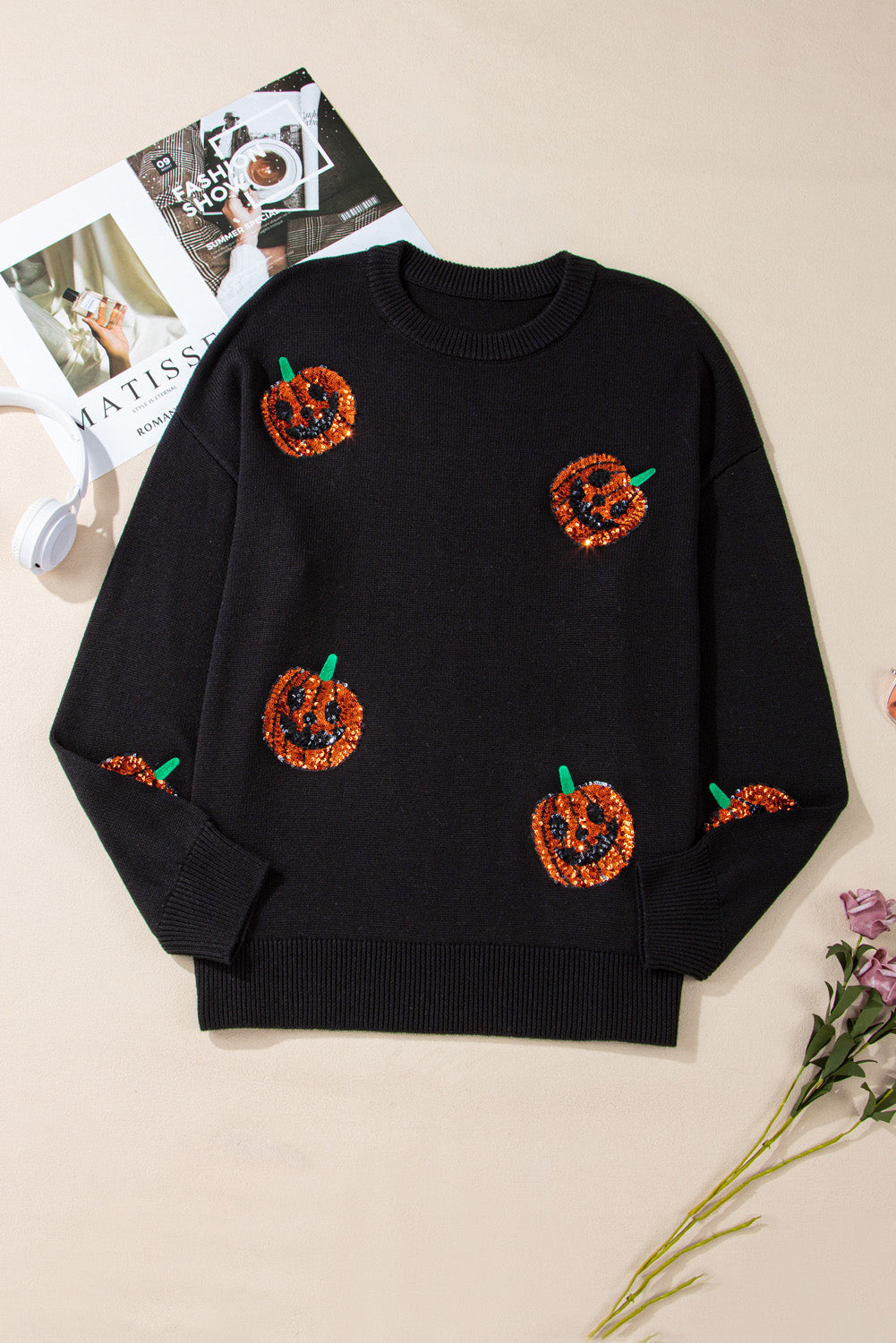 Black Halloween Sequin Pumpkin Pattern Plus Size Sweater