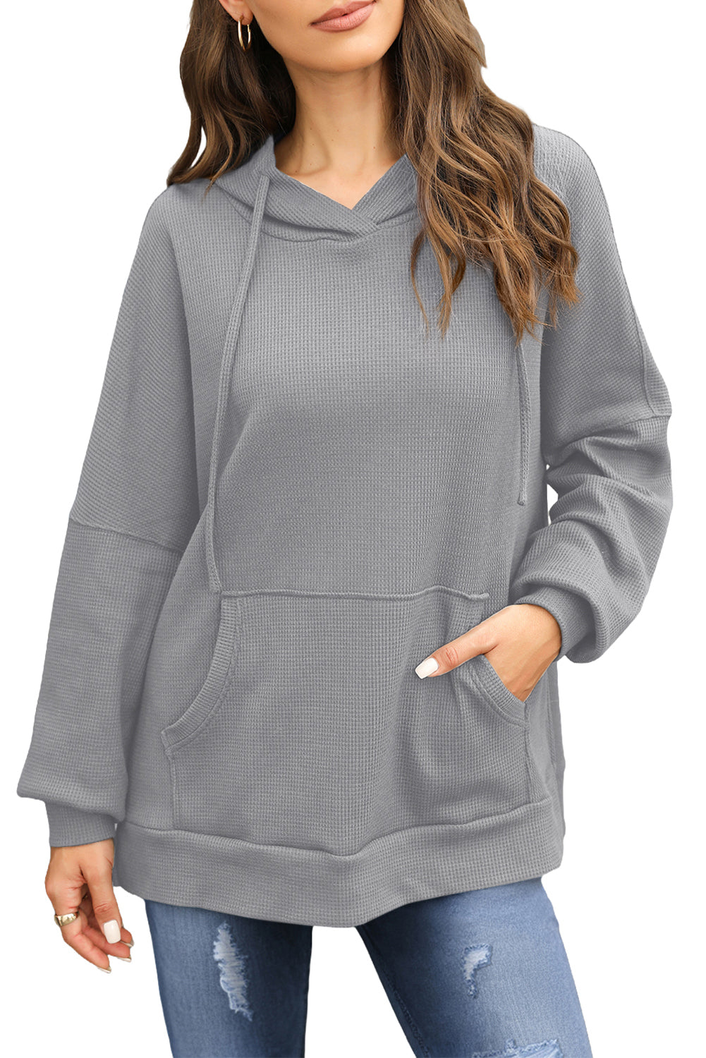 Gray Waffle Knit High Low Oversized Hoodie