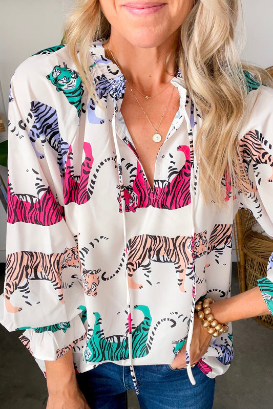 White Colorful Tiger Print Lantern Sleeve Blouse