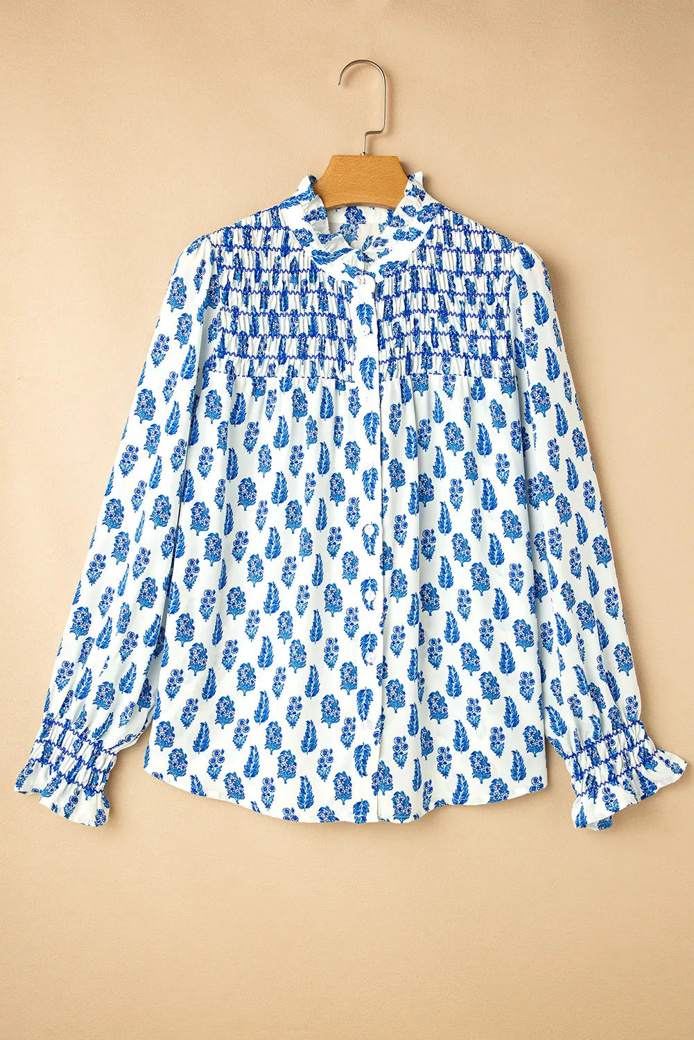 Frill Printed Button Up Long Sleeve Shirt