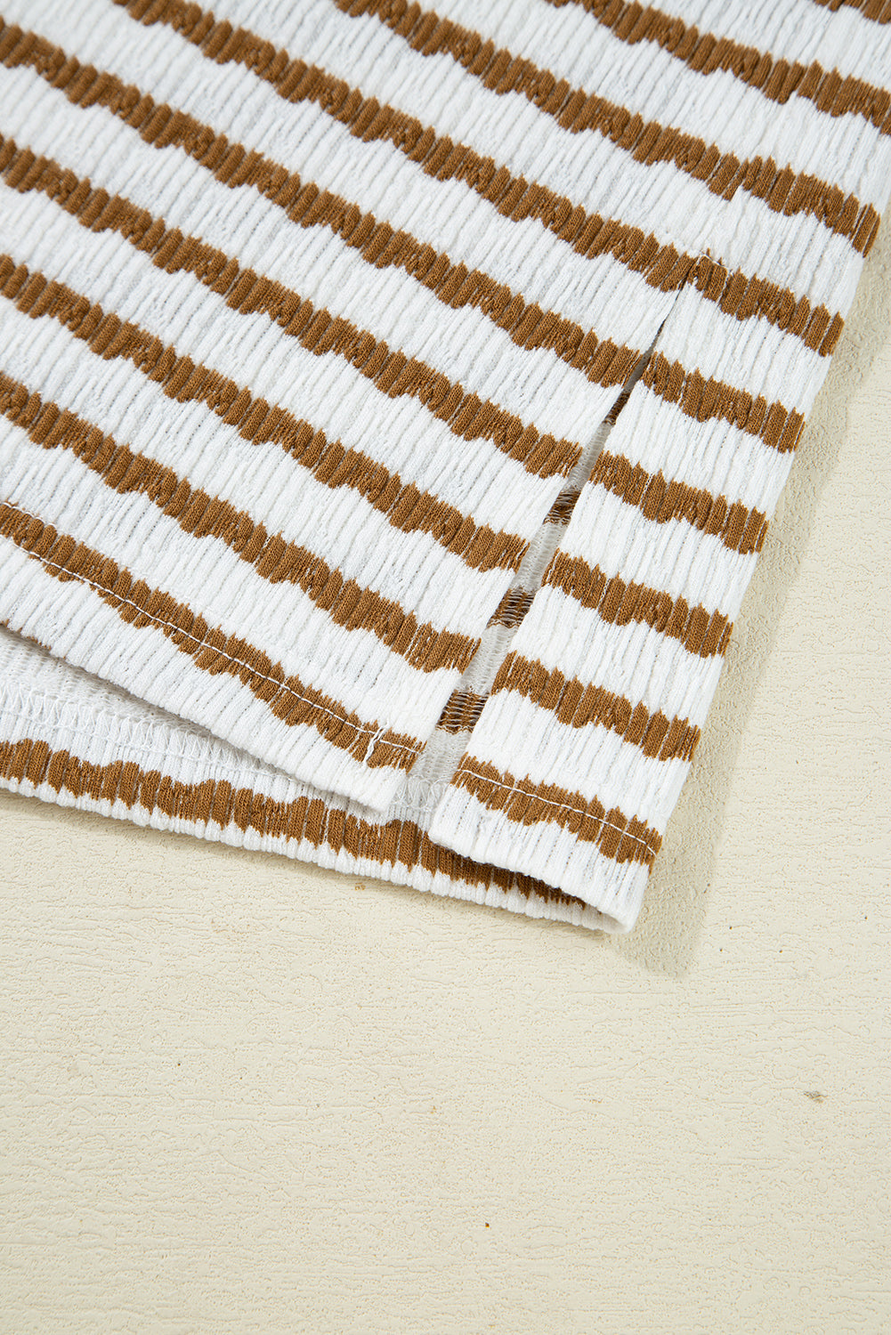 Khaki Stripe Textured Collared Pullover Top and Drawstring Pants Set