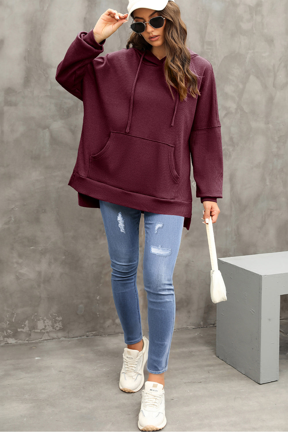 Gray Waffle Knit High Low Oversized Hoodie