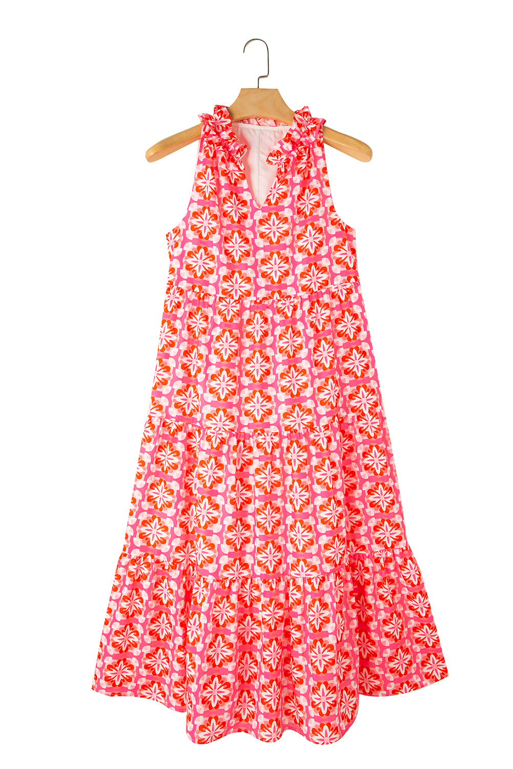 Pink Abstract Print Frill Split Neck Tiered Midi Dress