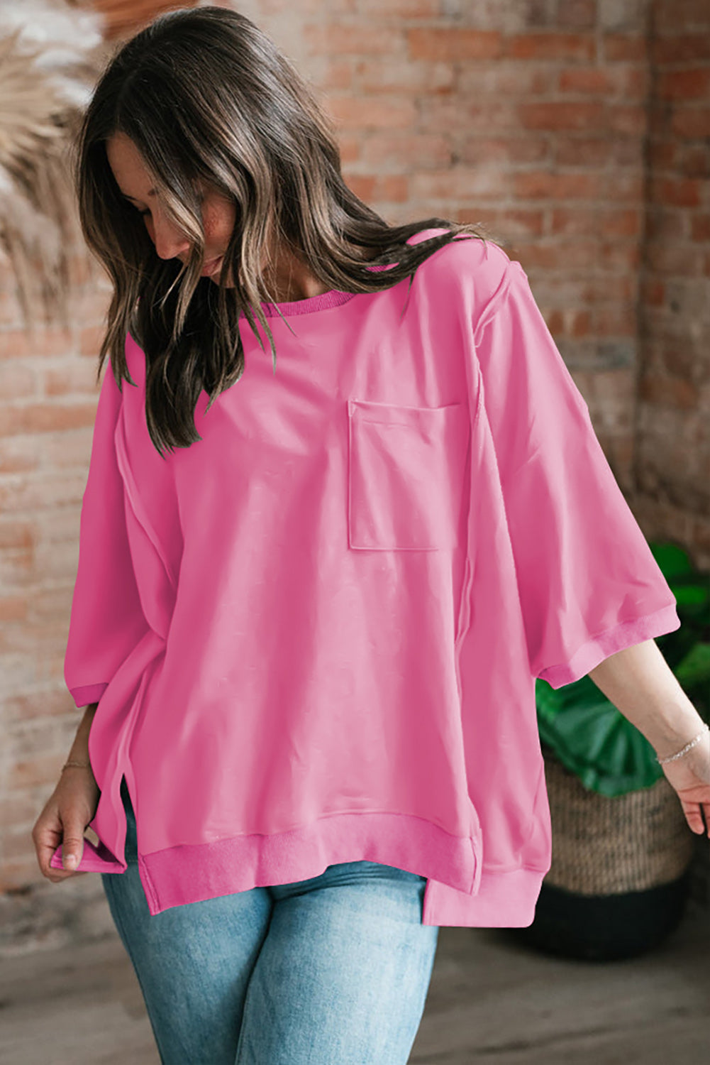 Light Grey Exposed Seam Pocket Side Split Loose T Shirt