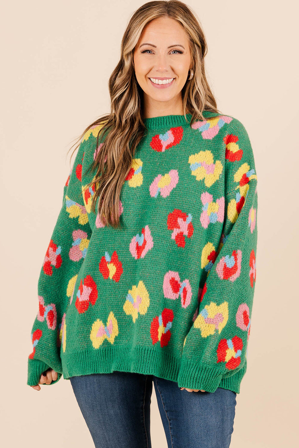 Green Plus Size Floral Knitted Drop Shoulder Sweater