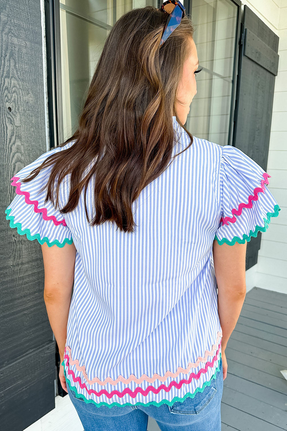 Pink Striped Ricrac Splicing Frill V-Neck Blouse