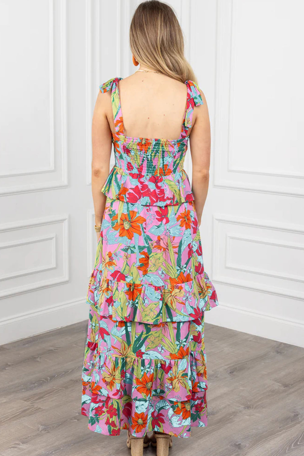 Multicolour Boho Floral Print Knot Strap Ruffle Layered Maxi Dress