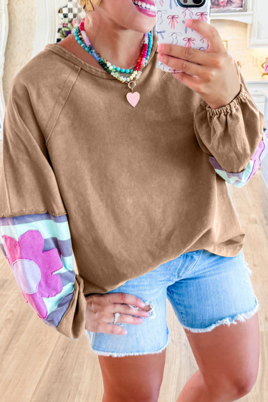 DUNE Flower Patchwork Exposed Seam Raglan Sleeve Top