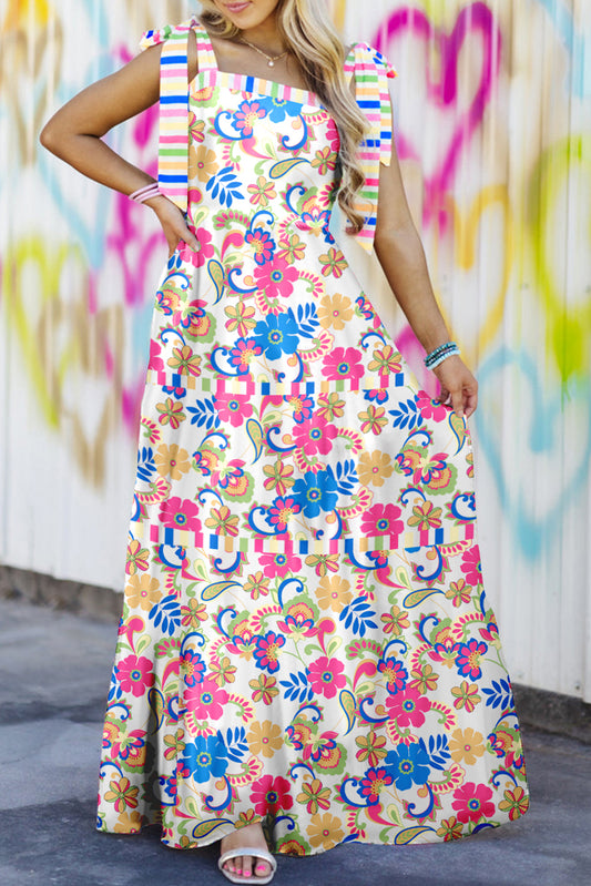 Rose Red Striped Trim Tie Straps Floral Maxi Dress