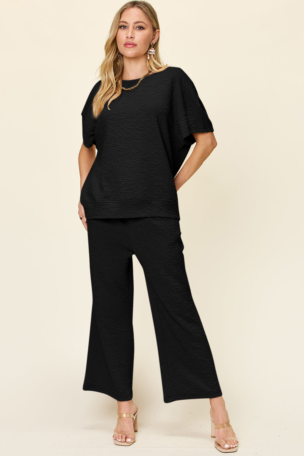 Double Take Full Size Texture Short Sleeve Top and Pants Set