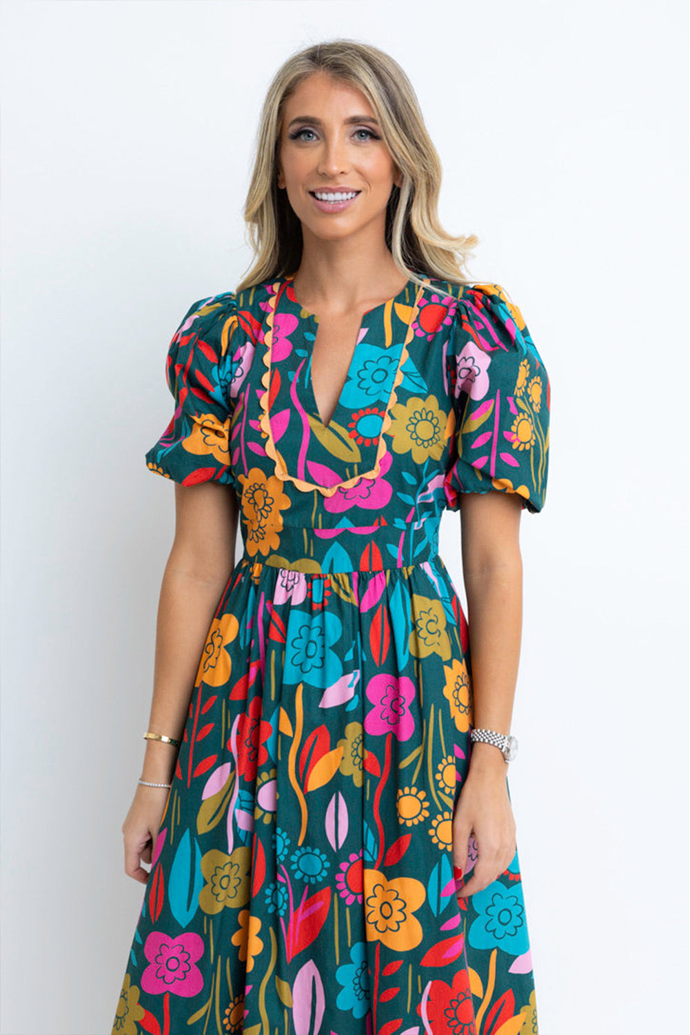 Green Floral Print Split V Neck Puff Sleeve Maxi Dress