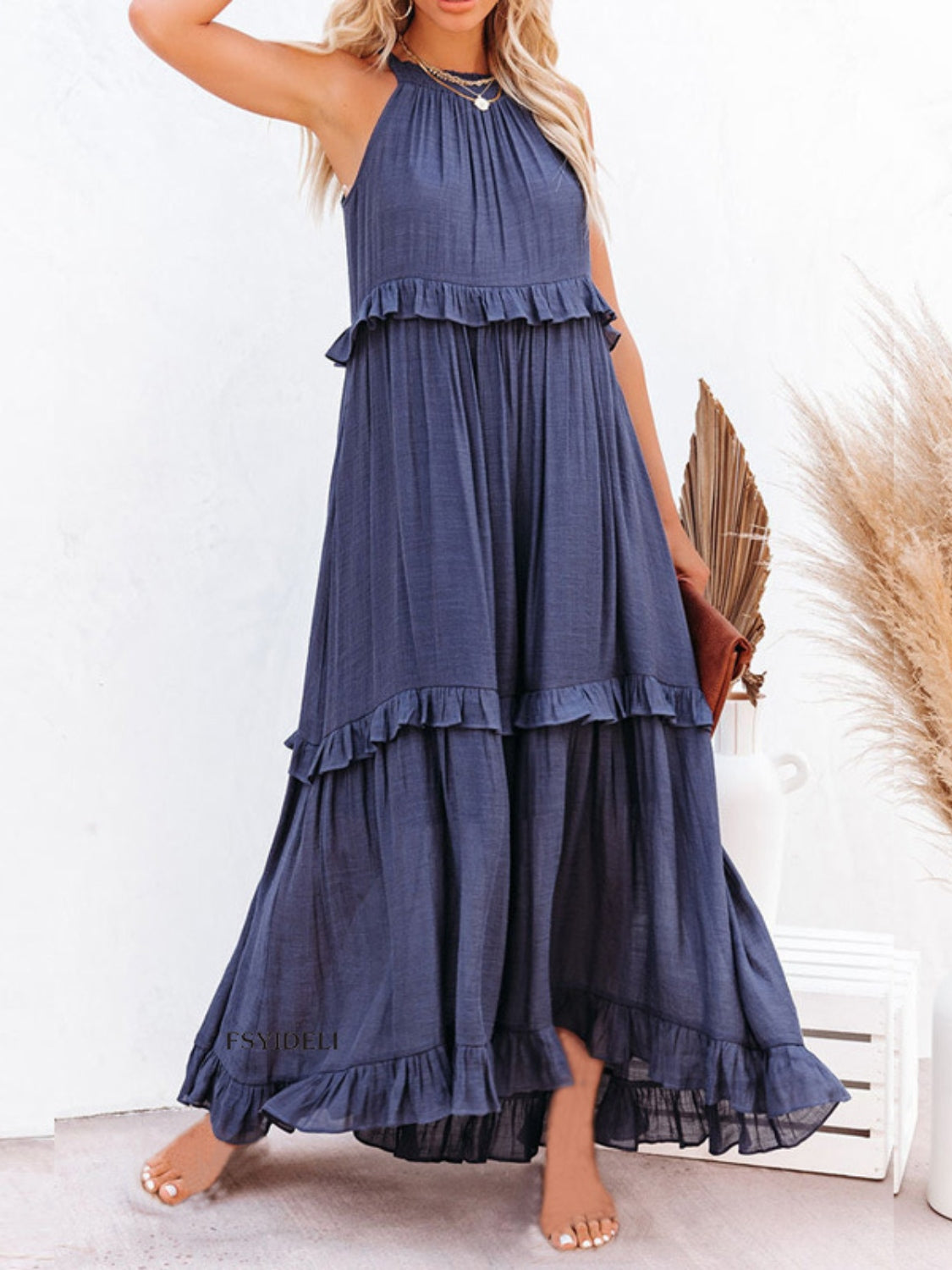 Ruffled Sleeveless Maxi Dress with Pockets