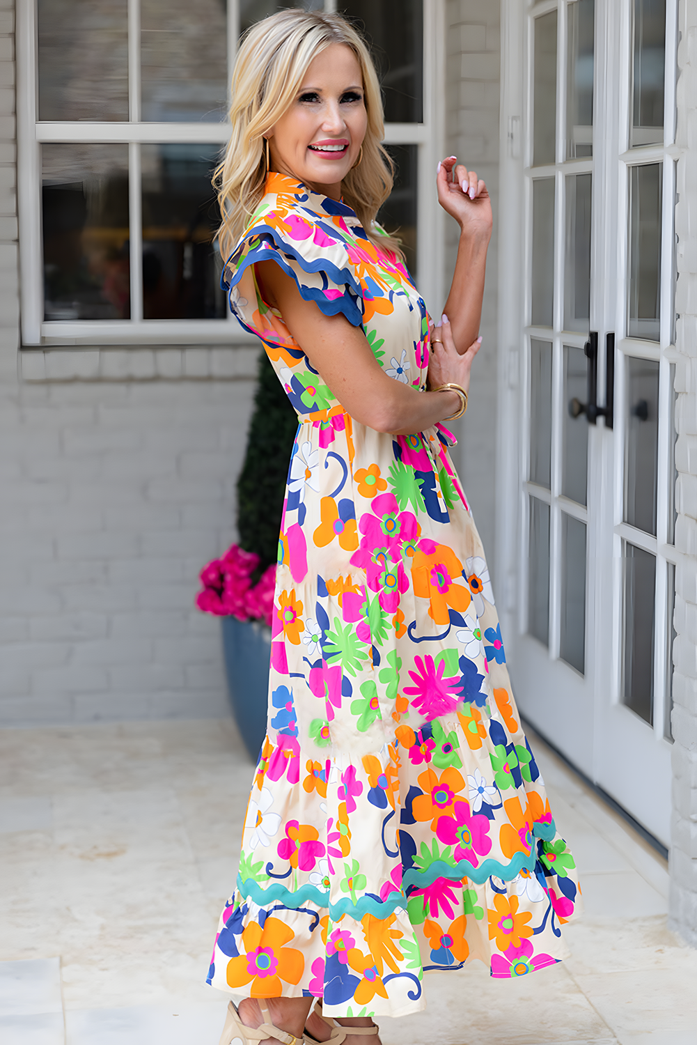 Pink Ricrac Trim Flutter Sleeve Buttoned Floral Maxi Dress